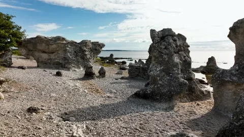 Drone Flythrough Between Sea Stacks Folhammar, Gotland Sweden Stock Footage 331375070