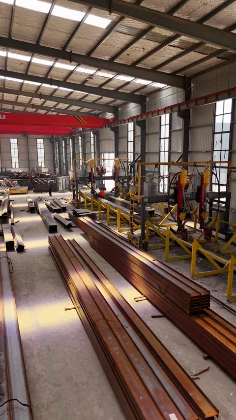 Drone Flythrough Inside Metal Structure Manufacturing Factory, 4K Stock Footage 335793294