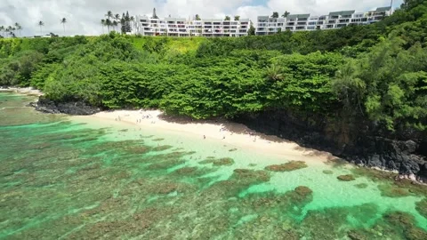 Drone flyup on hidden Hideaways Beach, Princeville, Kauai, Hawaii Stock Footage 299962723