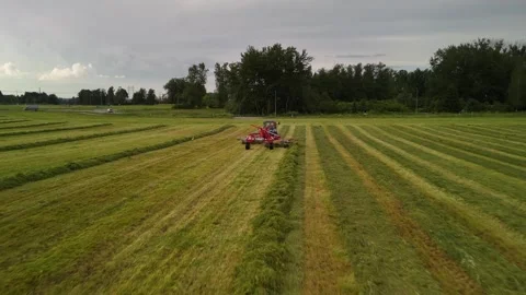Drone Following an Old Soviet Tractor as Birds Land on the Field in Search of 스톡 동영상 345012751