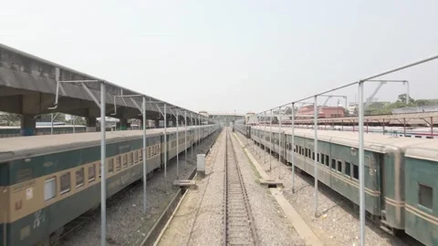 Drone Following Train Tracks in Between Trains in Railway Station Aerial View Stock Footage 152852138