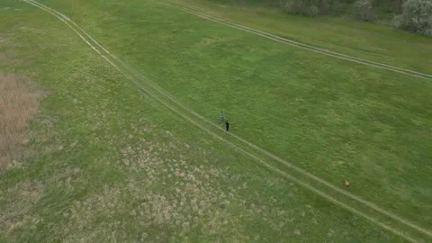 Drone Following Two People Walking With Dog Through Green Meadow Stock Footage 341765568