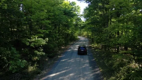 Drone Follows a Car Driving Down a Shaded Forest Road Stock-Footage 338324683