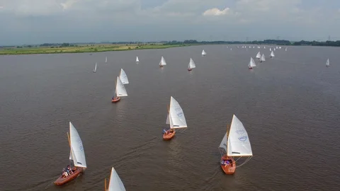 Drone footage of 16-square sailing race during 71st Schildweek on Schildmeer Stock Footage 100302706