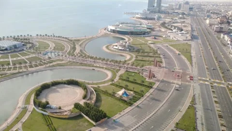 Drone Footage of Al Khobar Coastal Park and Lagoon Area in Saudi Arabia Stock Footage 334237456