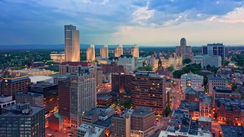 Drone footage of Albany, New York downtown at dusk, Stock Footage