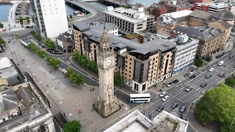 Drone footage of Albert Memorial Clock in Belfast, Northern Ireland Stock Footage 292632692