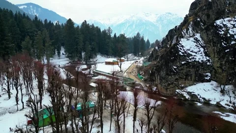 Drone footage of betaab valley in winters-Pahalgam Stock Footage 310658728