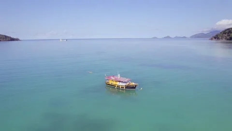 Drone footage of bird eye view of tracking docking boats, calm ocean Stock Footage 320669879