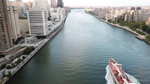 Drone Footage Of Boat Cruising on the River| Manhattan, NY - 4K Stock Footage