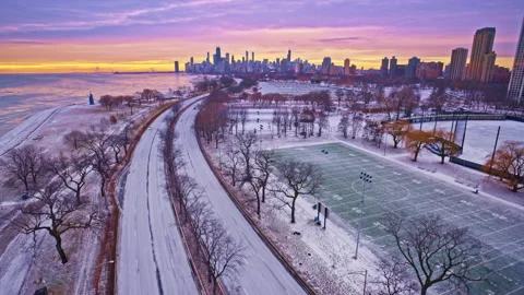 Drone footage capturing the Chicago Loop at sunrise during winter. Stock Footage 332249842