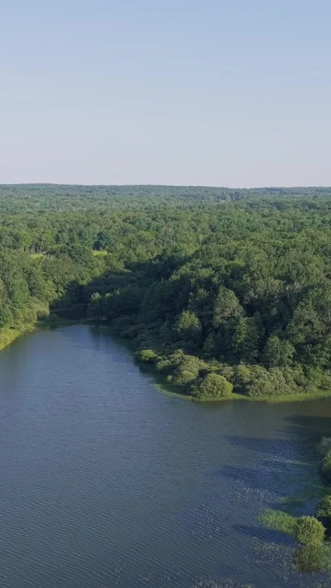 Drone footage capturing a sweeping aerial view of Lac du Bourdon in France Stock Footage 346663640