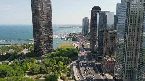 Drone footage of Chicago lakefront and city skyline Stock Footage 247911037