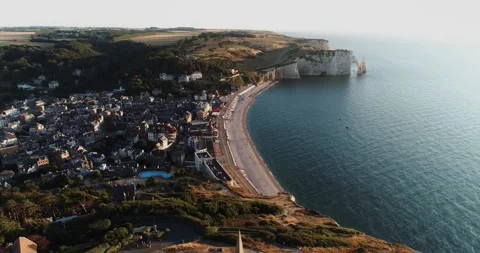 Drone footage of the cliffs &amp;amp; small church of Etretat France 4k Stock Footage 221921974