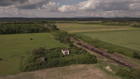 Drone Footage of Creepy Post Soviet Style Railway Ruins and Urban Decay Stock Footage 335486571