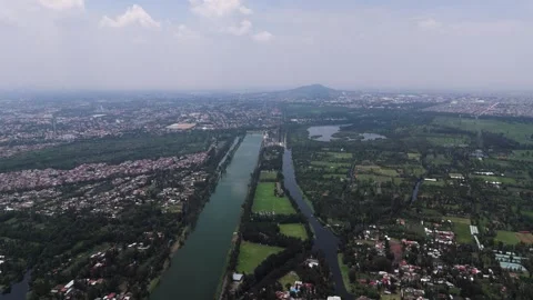 Drone footage of Cuemanco's rowing course in Xochimilco, CDMX Stock Footage 313257020