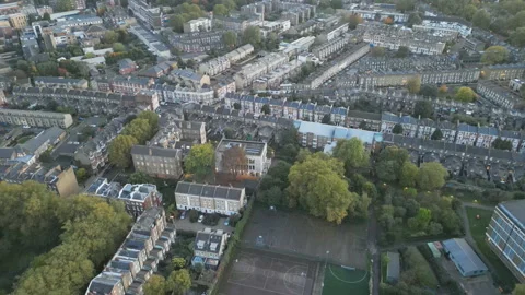 Drone footage of densely built terraced houses in London. Stock Footage 295912091