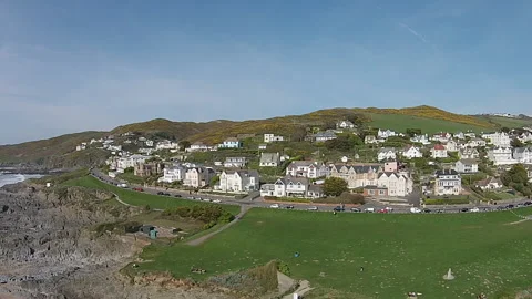 Drone footage of the Devon seaside town of Woolacombe Stock Footage 134266578