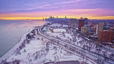 Drone footage of downtown Chicago’s Loop glowing in winter morning light. Stock Footage 332272117