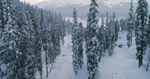 Drone footage of dramatic snowfall blanketing the terrain around Gulmarg. Stock Footage 310656280
