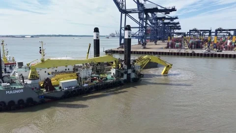Drone Footage of Dredging Vessel work platform in Felixstowe port UK Stock Footage 335181937
