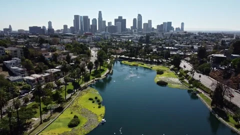 Drone footage of Echo park in Los Angeles Video stock 328652373