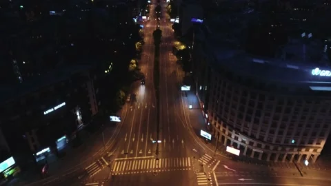 Drone footage of an empty boulevard during complete lock down Stock Footage 132704731