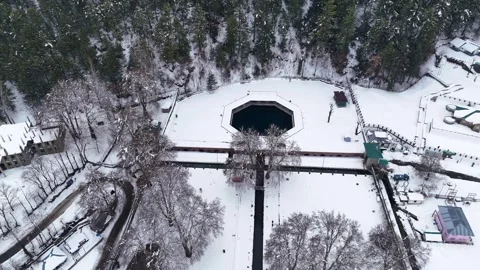 Drone footage featuring a sweeping arc shot around Verinag spring framed by Stock Footage 311129395