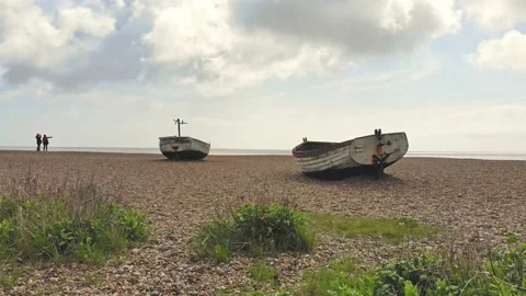 Drone footage of fishing boats on Aldeburgh beach. Stock Footage