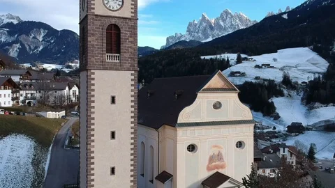 Drone Footage: Flying Over The Picturesque Village of Val di Funes Stock Footage