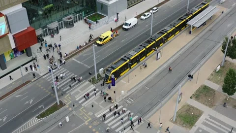 Drone Footage Flying Over the Tram Station in Budapest, Hungary, Stock Footage 196875868