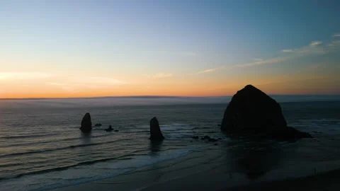 Drone Footage of Haystack Rock in Cannon Beach Oregon @ Sunset #1 Stock Footage 222141121