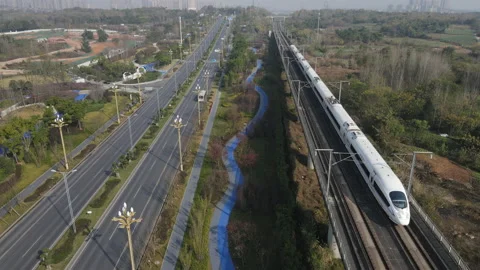Drone footage of a high-speed train in Chengdu, China Stock Footage 170302499