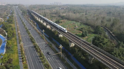 Drone footage of a high-speed train in Chengdu, China Stock Footage 170302728