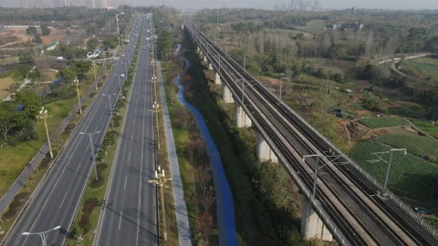 Drone footage of a high-speed train in Chengdu, China Stock Footage 170302762