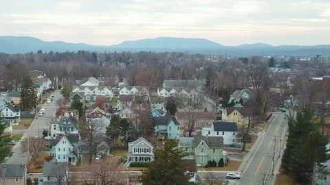 Drone footage of homes in Beacon, New York in the Hudson Valley in winter. Stock Footage