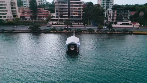 Drone footage of the iconic Blue Boat House in Perth, Western Australia Stock Footage 320101406