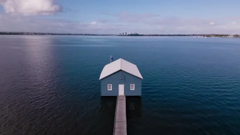 Drone footage of the iconic Blue Boat House in Perth, Western Australia Stock Footage 320101770
