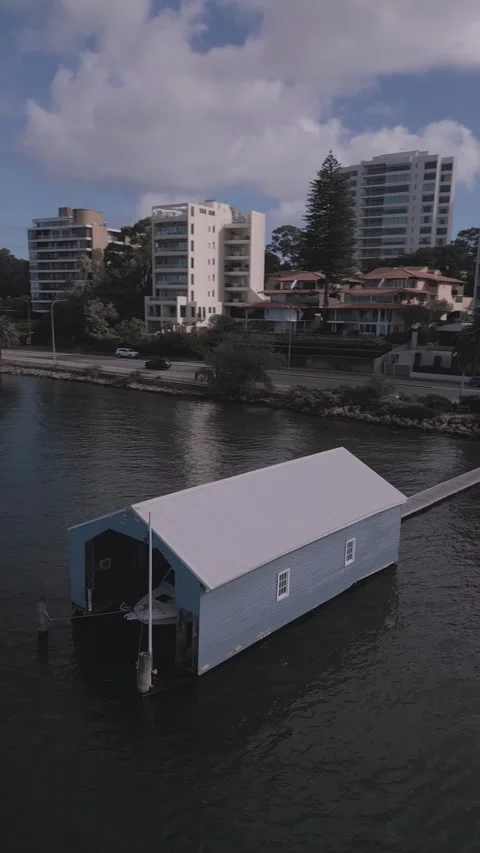 Drone footage of the iconic Blue Boat House in Perth, Western Australia Stock Footage 320102026