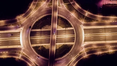 Drone Footage Of Interchange  At Night Traffic Freeway Car Bridge Rush Junction Stock Footage