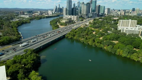 Drone footage of Interstate 35 cutting through Downtown Austin, Texas Stock Footage 297051631