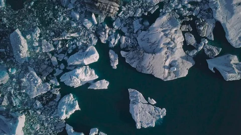 Drone footage looking down on Iceberg lagoon in Iceland Stock Footage 91372569