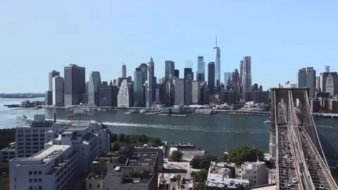 Drone footage of the Manhattan Skyline & Brooklyn Bridge Stock Footage