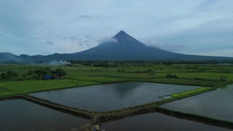 Drone footage of Mayon Volcano towering above rice fields in Albay, Philippines Video stock 337512234