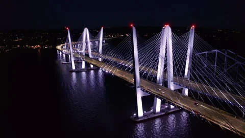 Drone footage of the New Tappan Zee bridge, by night Stock Footage