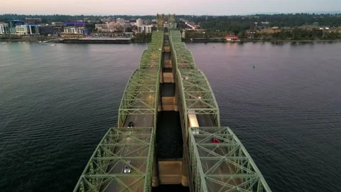 Drone footage of Oregon - Washington Interstate Bridge In Portland and Vancouver Stock Footage 228832095