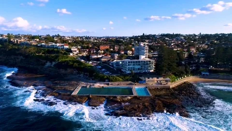 Drone footage over the ocean pool at Dee Why Beach Sydney Video stock 114793306