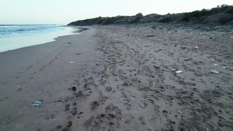 Drone footage of plastic garbage on the seashore. Polluted coastline Stock Footage 304319855