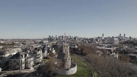 Drone Footage of Propsect Hill Monument and Boston Skyline Stock Footage 168256404