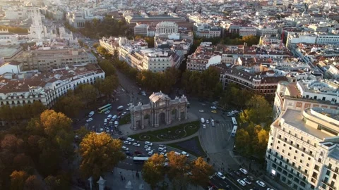 Drone footage of the Puerta de Alcala with panorama of Madrid in the background Stock Footage